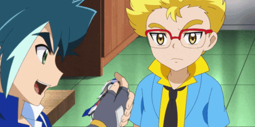 two anime characters are standing next to each other and one is wearing glasses