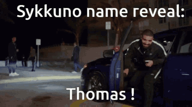 a picture of a man getting out of a car that says thomas