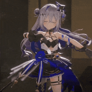 a 3d anime girl in a blue and white dress is dancing