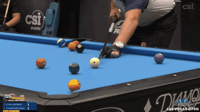 a pool table with csi events written on the wall behind it