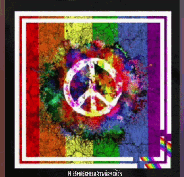 a peace sign on a rainbow background with the words milesmuschelarwurmchen below it