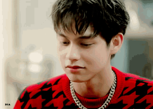 a close up of a man wearing a red and black sweater and a chain around his neck