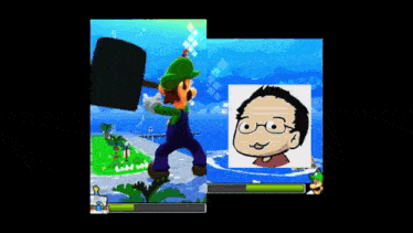 a video game screen shows a cartoon of a man with glasses and the words keep sliding