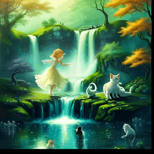 a painting of a girl standing next to a waterfall surrounded by cats