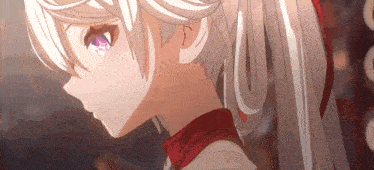 a close up of a girl 's face with white hair and purple eyes .