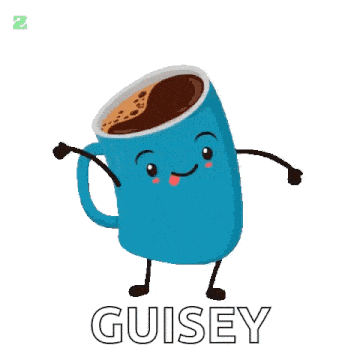 a blue cup of coffee with arms and legs and the words good morning mguiseyg