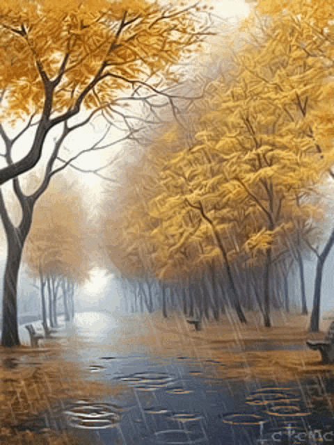 a painting of a park with trees in the rain
