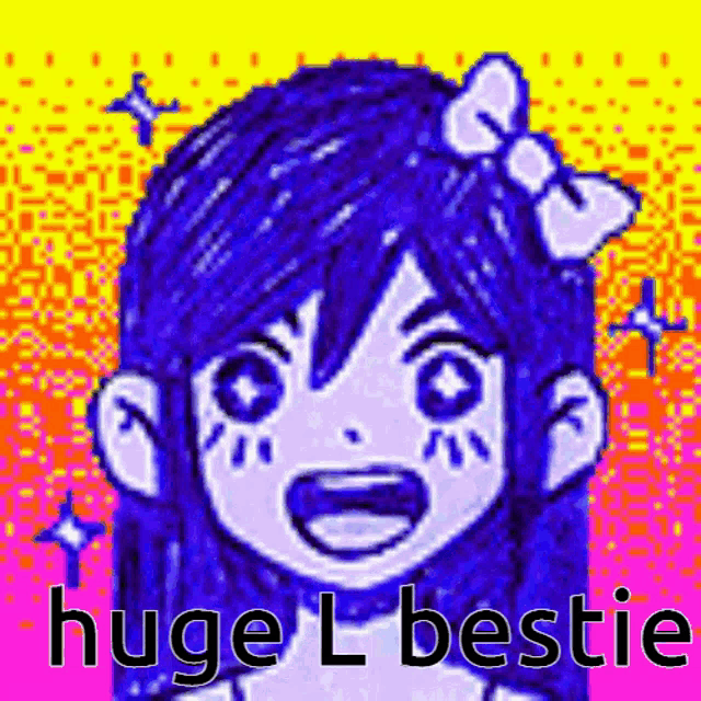 a cartoon girl with blue hair and a bow on her head is smiling and says `` huge l bestie '' .