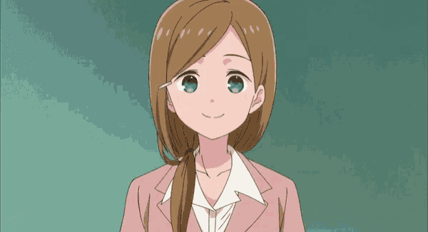 a cartoon girl with a surprised look on her face and a pink arrow above her head