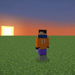 a minecraft character wearing a mask is standing in a grassy field at sunset