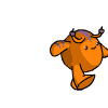 a cartoon monster with horns is walking on a white background
