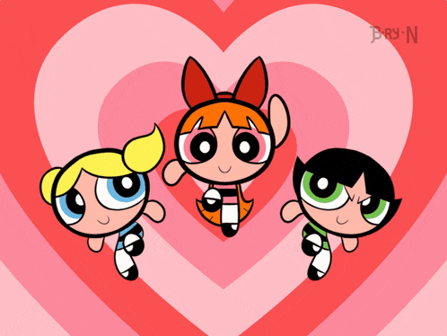 three cartoon characters are standing in front of a pink heart