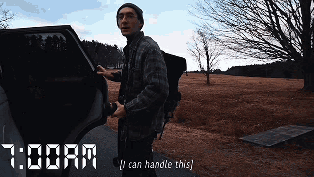 a man getting out of a car with the time of 7:00am