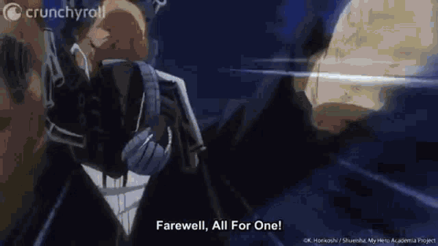 a man in a suit and tie is standing in front of a building and saying farewell , all for one .