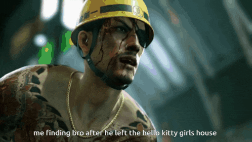 a man wearing a yellow hard hat with the words me finding bro after he left the hello kitty girls house below him