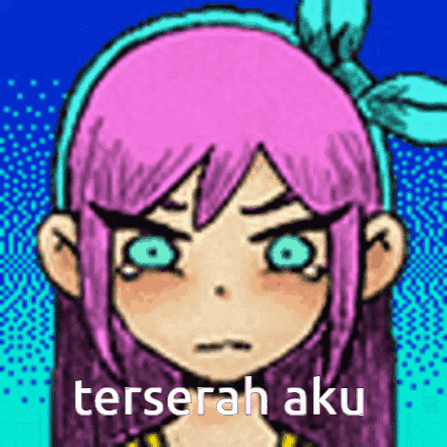a drawing of a girl with pink hair and green eyes with the words terserah aku written below her .