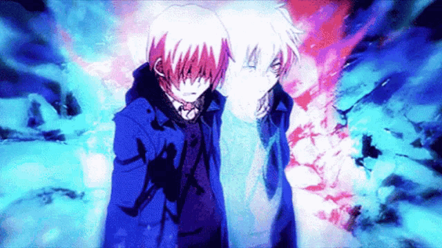 two anime characters are standing next to each other in a blue and red background