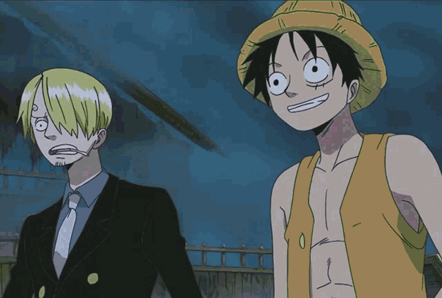 monkey d luffy and sanji are standing next to each other with sanji making a funny face