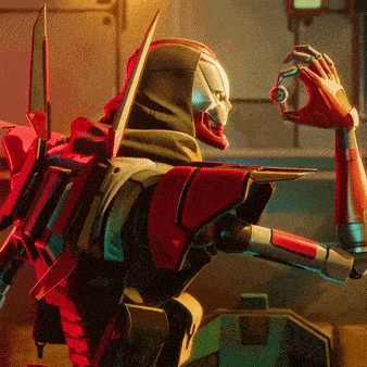 a robot with a hood on holds a camera in its hand