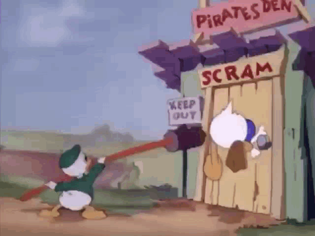 a cartoon of donald duck pushing a hammer into a door that says scram