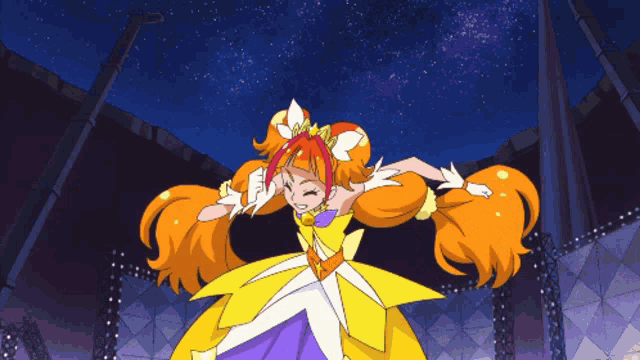 a girl in a yellow and purple dress is singing