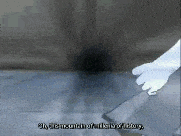 a cartoon character is talking about a mountain of history