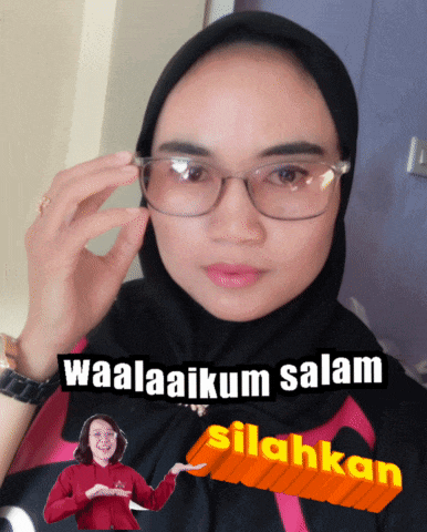 a woman wearing glasses and a hijab says waalaaikum salam silahkan