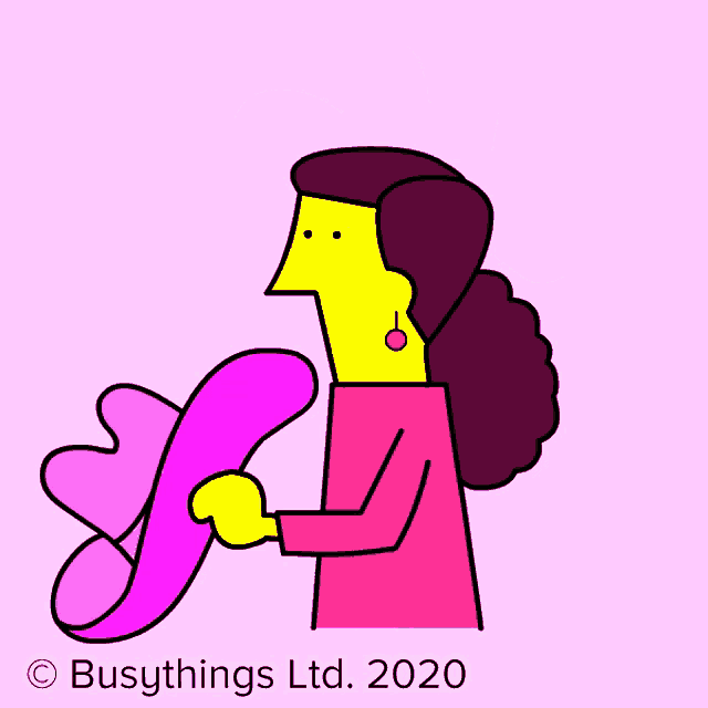 a cartoon of a woman wearing a pink hat with busythings ltd. 2020 written below it
