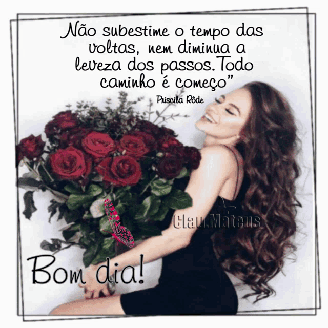 a picture of a woman holding a bouquet of red roses with a quote in portuguese