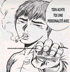 a black and white drawing of a man smoking a cigarette and holding a cigarette in his hand .