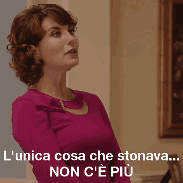 a woman in a pink dress with the words l' unica cosa che stonava non c'e più
