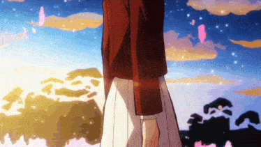 a woman in a red jacket and white skirt is standing in front of a blue sky