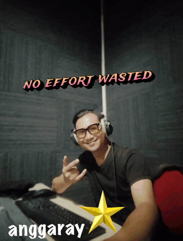 a man wearing headphones with the words no effort wasted written above him