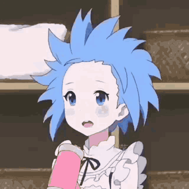 a girl with blue hair is holding a pink cup in her hand .