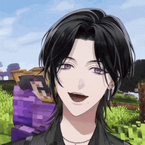 a man with black hair and purple eyes is standing in front of a purple monster in a minecraft video game .