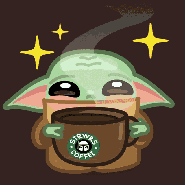 an illustration of a baby yoda holding a cup of strwrs coffee