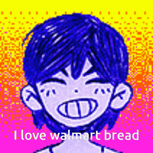a pixel art of a boy with blue hair is smiling and says i love walmart bread .