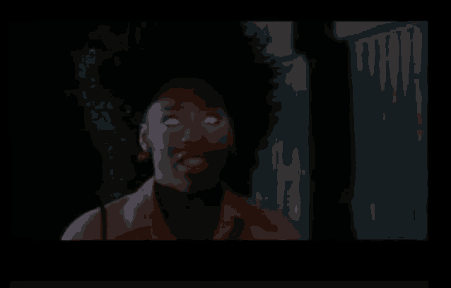 a woman in a red shirt has glowing white eyes