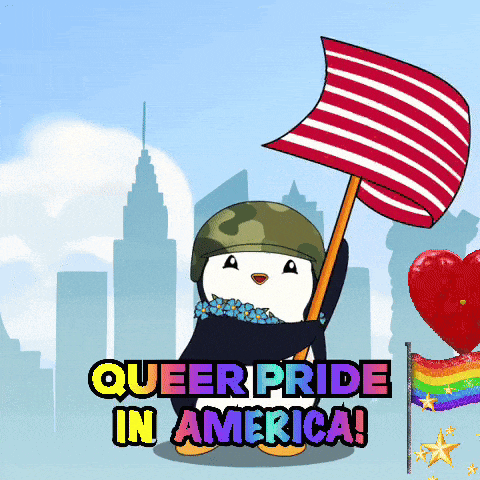 a cartoon penguin holding a flag with the words queer pride in america