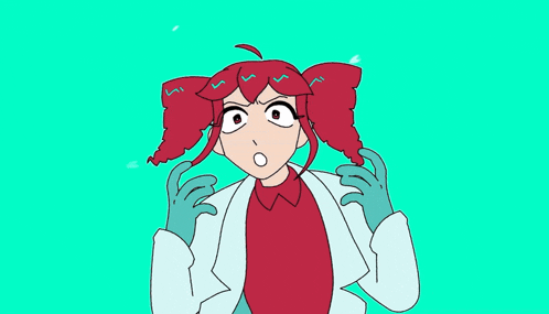 a cartoon character with red hair and blue gloves giving the peace sign