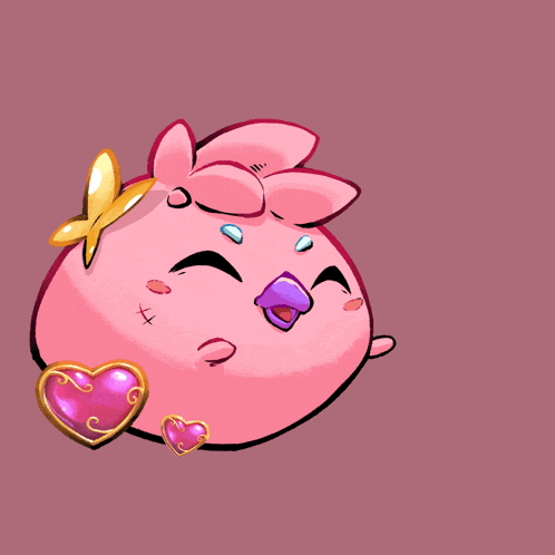 a cartoon drawing of a pink pig with two hearts around its neck