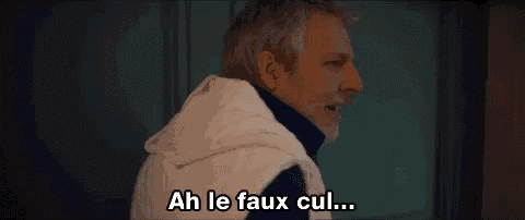 a man with gray hair and a beard is standing in front of a window and says `` ah le faux cul ... '' .