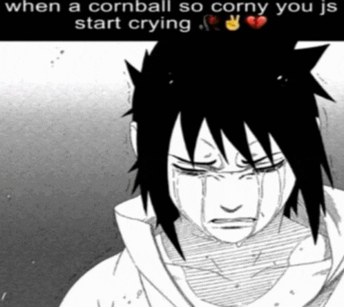 a black and white drawing of a boy crying with the caption when a cornball so corny you js start crying