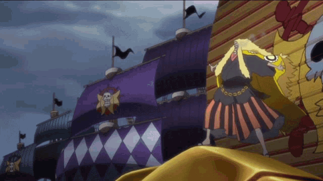 a man in a yellow cape stands in front of a purple and white ship