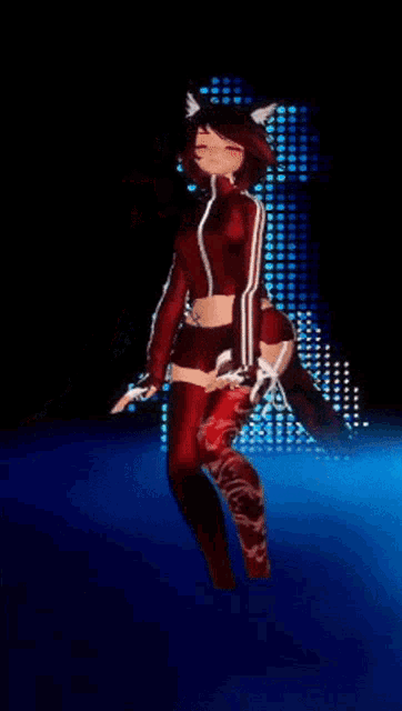 a woman in a red costume is dancing on a blue background