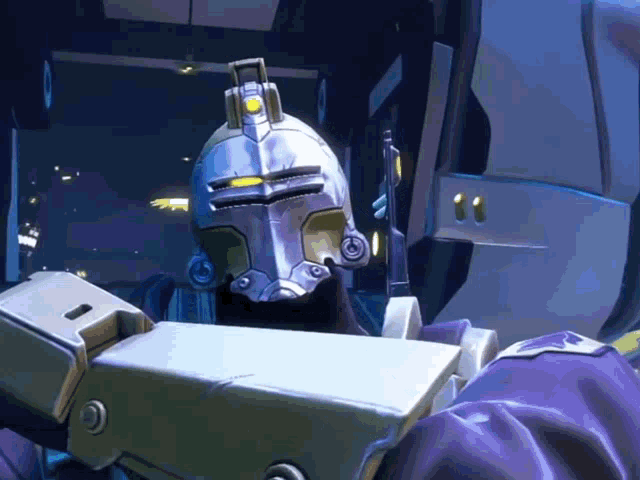 a robot with a helmet and a yellow light on it
