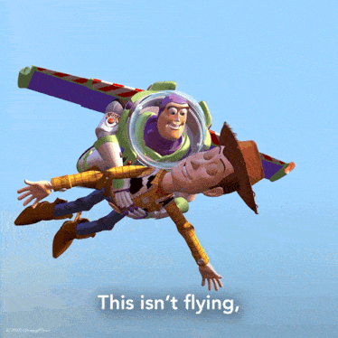 woody and buzz lightyear from toy story are flying in the sky