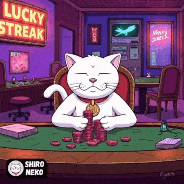 a cartoon drawing of a cat playing poker with a sign that says lucky streak