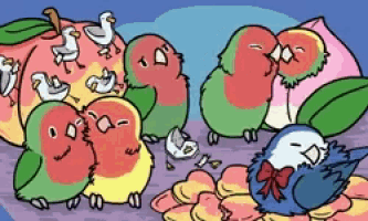 a group of birds are sitting around a peach and a sleeping bird