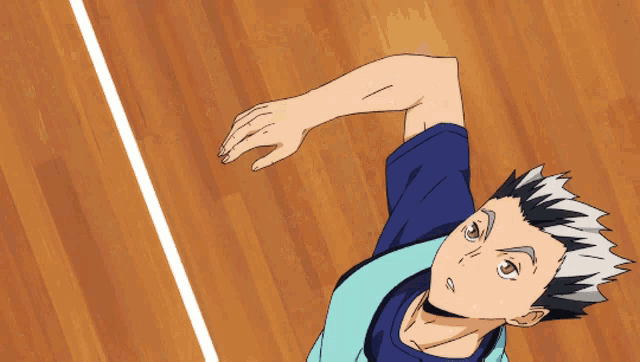 a drawing of a man with white hair and a blue shirt playing volleyball